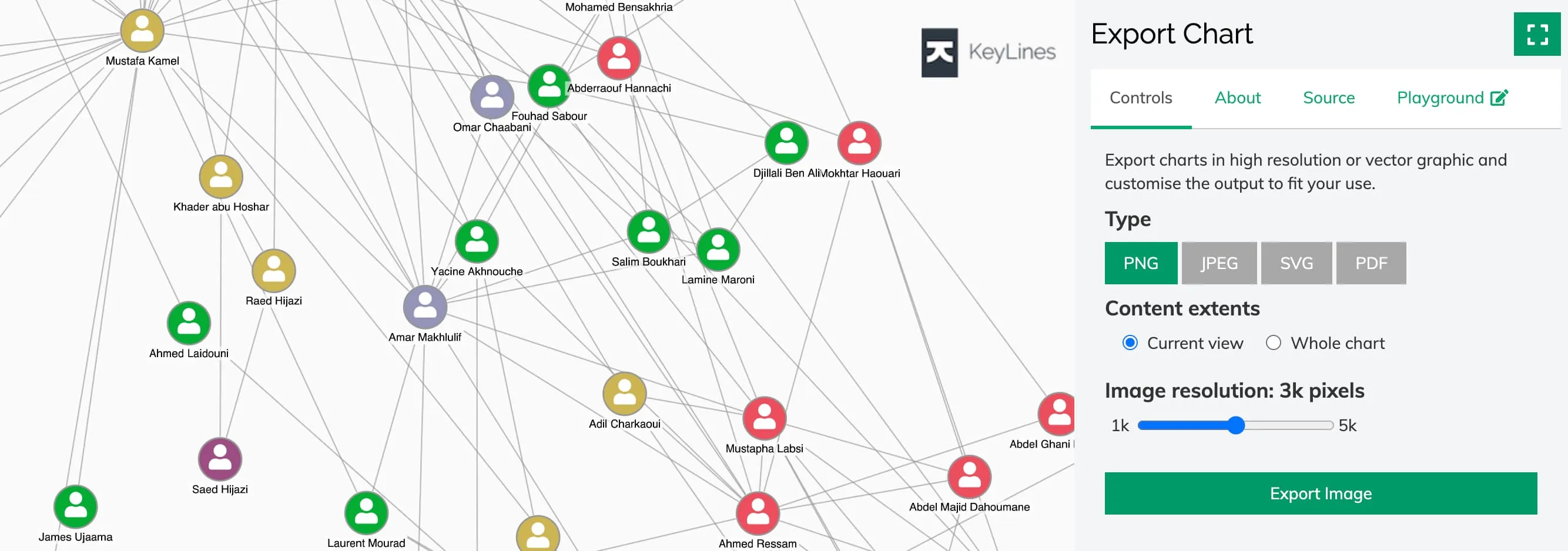 a screenshot from KeyLines Export Chart demo capturing the demo controls tab