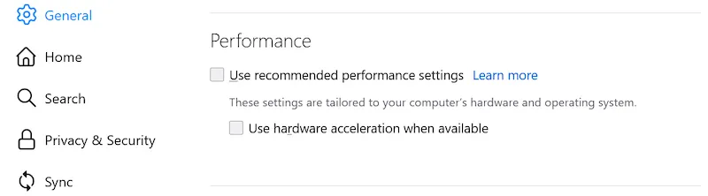 Screenshot of the General tab in Firefox settings