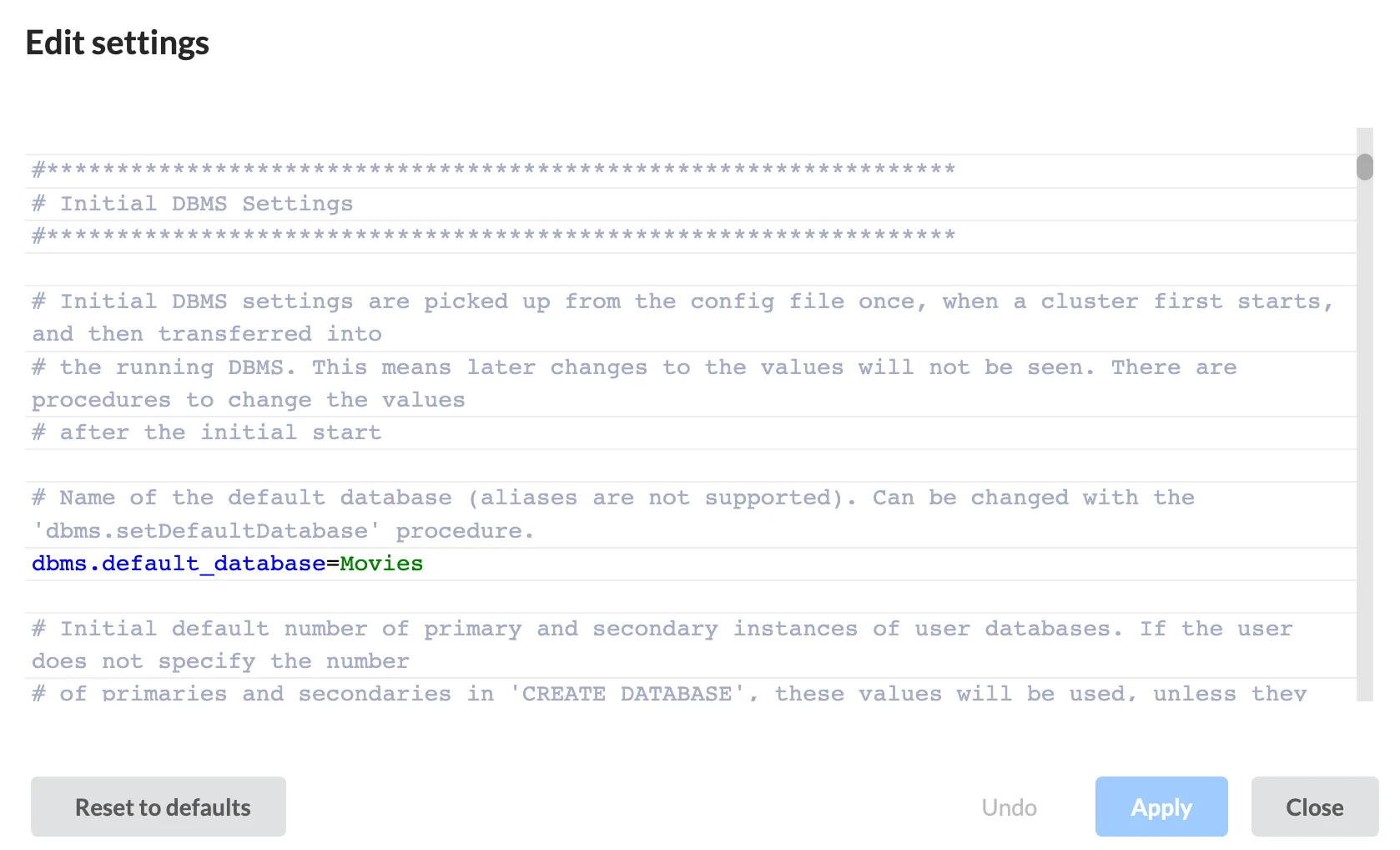 Neo4j desktop Settings window